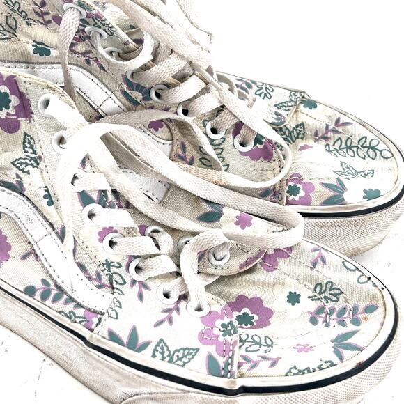 Vans Sk8 Hi Canvas Shoe 7.5 Womens Floral Flower White Sneakers High Top - Picture 6 of 8